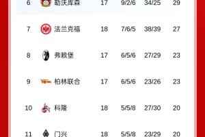 德甲积分榜：拜仁四连胜11分领跑，多特第2，霍村第3，药厂第6