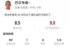 巴尔韦德本场数据：2射2正进1球+3关键传球+2对抗1成功 获评8.5分